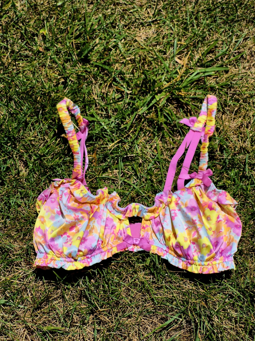 For Love & Lemons Floral Pink & Yellow Ruffled Unlined Wireless Bra-SDD